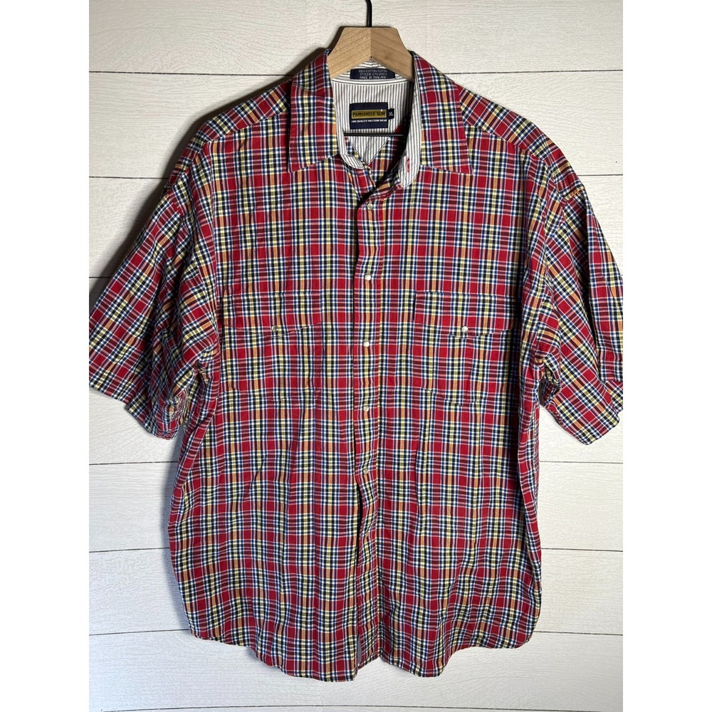 Panhandle Slim Mens XL Pearl Snap Shirt Western Plaid Red Blue Yellow Cotton